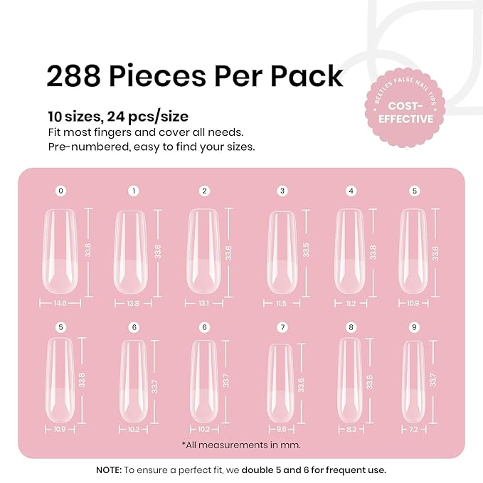 Beetles Gel Nail Tips Long Square 10 Sizes, 288Pcs Pre Shaped Half Matte Press On Nails Gelly Tips False Nails for Gel Nail DIY Art Nail Extensions Acrylic Nails Gift