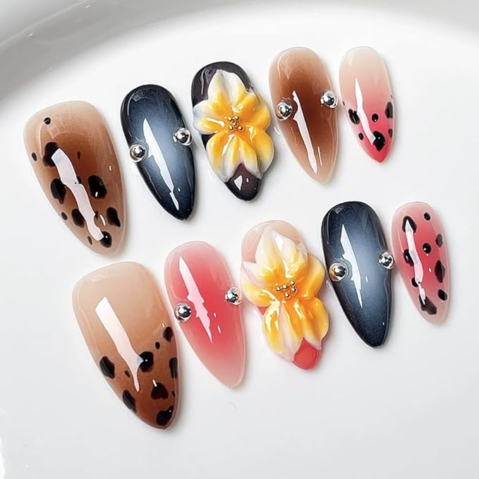 Handmade Press on Nails Almond Medium Fake Nails French Tip Leopard print with 3D Flower Charm Designs Brown Glossy Cute Fall Acrylic Nails for Women 10pcs (Size M）