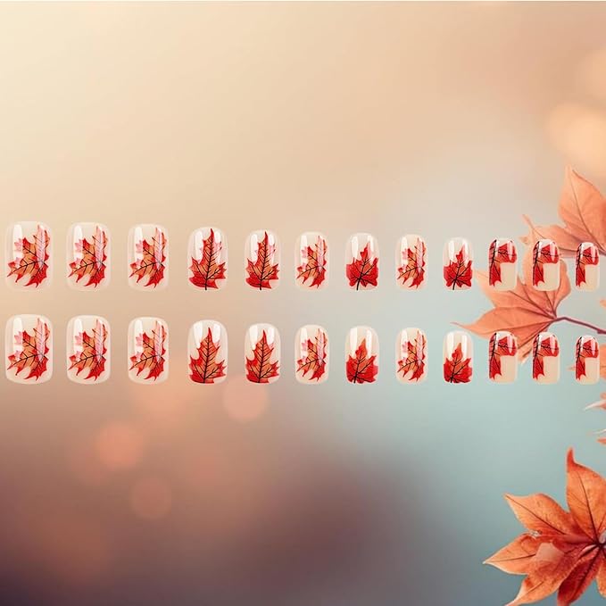 24Pcs Fall Leaves Stick on Fingernails Sparkly Maple Leaf Press on Nails Thanksgiving Medium Square False Nails Glossy Gold Glitter Acrylic Fake Nail Autumn Gel Glue on Nail for Coquette Women Girls
