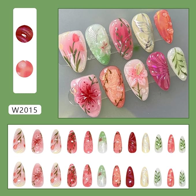 24Pcs 3D Flower Press on Nails Medium Almond Fake Nails Tulip Peach Blossom Butterfly Leaf Nail Design Pink Green Floral Glue on Nails Acrylic Nail Spring Summer Nails Press ons False Nails for Women