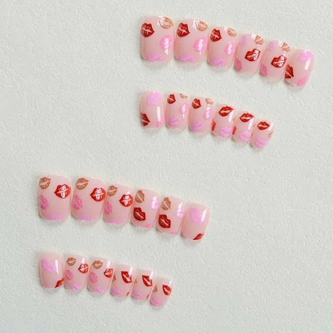 24Pcs Valentines False Nails Short Press on Nails Square Fake Nails Colourful Lip Design Acrylic Nails Nude Pink Glue on Nails Sexy Lips Artificial Stick on Nails for Women Valentines Nails Decor