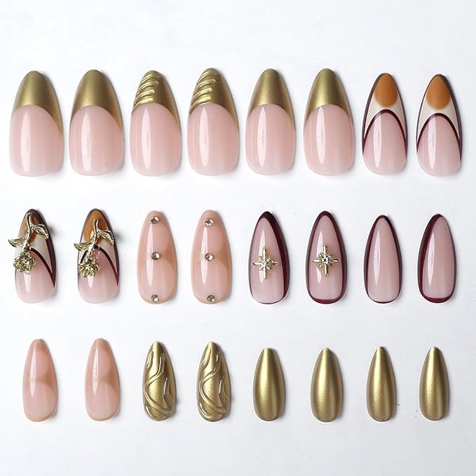 Gold Press on Nails Long Almond Fake Nails 3D Flower Rhinestones Red Edge Design French Tip False Nails Stars Stick on Nail Embossed Glossy Glue on Nail Art for Women DIY Manicure Tips