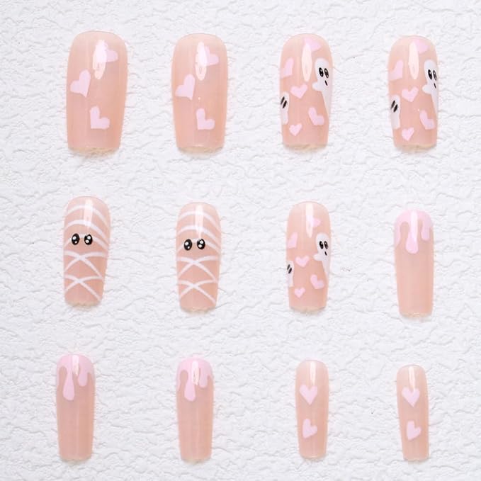 24Pcs Halloween Nails Press on Nails Medium Square NEWSPIED Pink Fake Nails with Cute Ghost Heart Designs Halloween Glue on Nails Glossy Acrylic Stick on Nails Cute Holiday False Nails for Women DIY