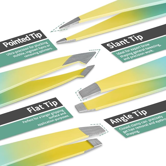 TsMADDTs 7PCS Tweezers Set for Women Facial Hair, Precision Tweezer for Eyebrows with Curved Scissor and Eyebrow Razor for Ingrown Hair, Yellow&Green