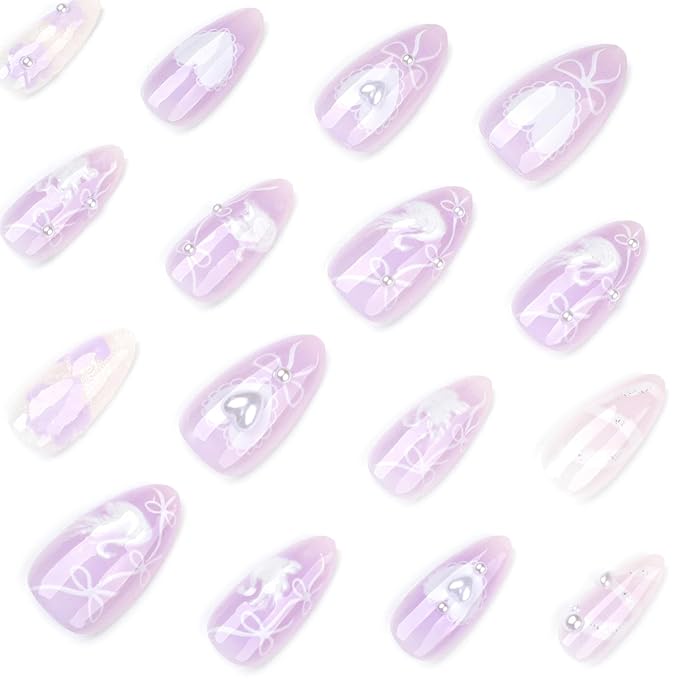 24Pcs Purple Press on Nails Medium Almond Fake Nails with 3D White Swan Designs Glue on Nails Full Cover Heart Bow Acrylic Nails Flower False Nails Lace Ribbon Stick on Nails for Women Nail Supplies