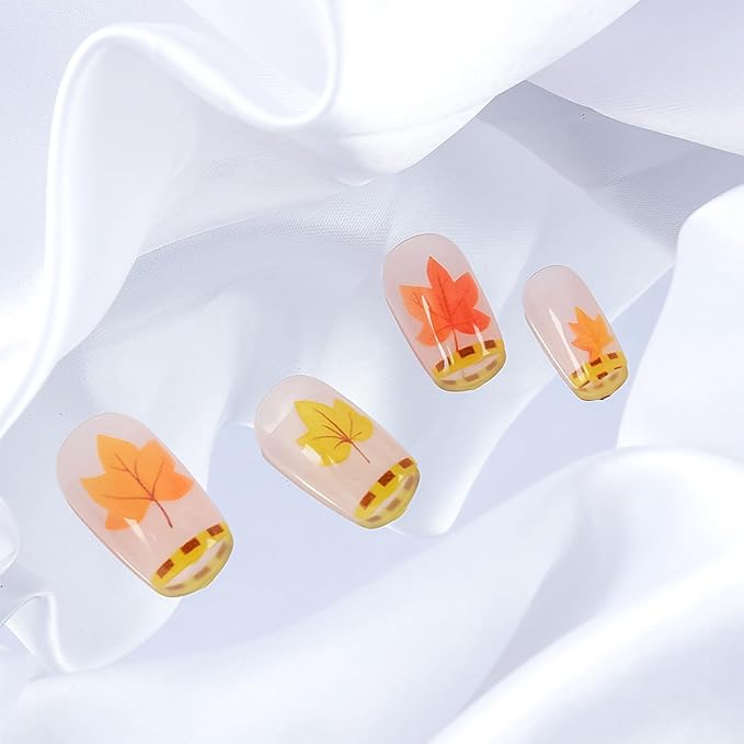 Maple Leaf Press on Nails 24Pcs Glossy Yellow Grid French Tip Acrylic Fake Nail Thanksgiving Medium Square False Nails Fall Leaves Stick on Fingernails Autumn Gel Glue on Nail for Coquette Women Girls