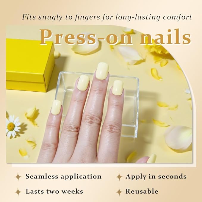 evpct Pale Yellow Glossy Press on Nails Short Square, Glossy Yellow Fake Nails Summer Reusable, Acrylic False Nail Stick Glue on Press ons for Women Gifts, Perfectly Fit False Nail Kit with Glue 30Pcs