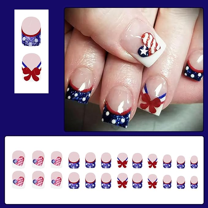24Pcs Independence Day Press on Nails Short French Tip Fake Nails 4th of July Glue on Nails Glitter Heart American Flag Acrylic Nails Bow Nails Tip Cute False Nails Patriotic Stick on Artificial Nails