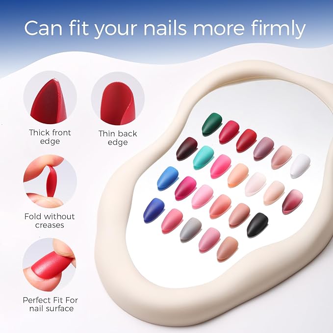 Press on Nails, 24 Colors 720PCS Short Almond False Nails with 15 Sizes, Full Cover Press on Nails for Women, Lightweight Matte Natural Fake Nails for Nail Art Design