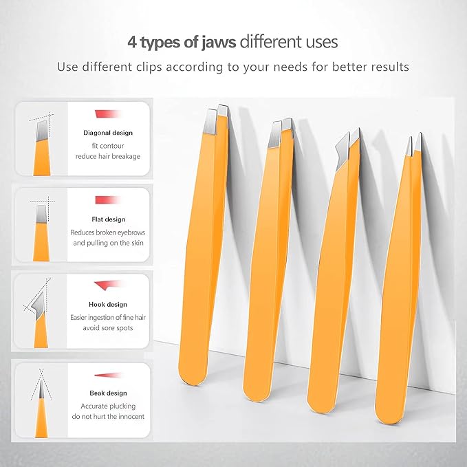 Tweezers Set, High Precision Stainless Steel Eyebrow Tweezers for Facial Hair, Inward Growing Hair and Splinter Remover Kit, Suitable for Women and Men, Pink and Black 4-Piece Set. (Orange)