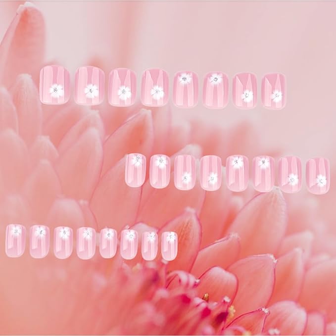 24Pcs White Flower Press on Nails Fall flowers Stick on Fingernails Elegant Short Square False Nails Glossy Silver Glitter Acrylic Fake Nail Simple Gel Glue on Nail for Coquette Women Girls