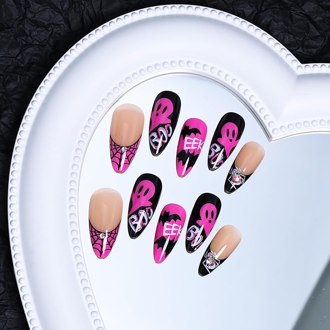 24Pcs Halloween Press on Nails Almond Medium NEWSPIED Hot Pink French Tip Fake Nails with Spiders Rhinestone Design Gothic Bat Ghost False Nails Cute Halloween Glue on Nails for Women Holiday Nail DIY