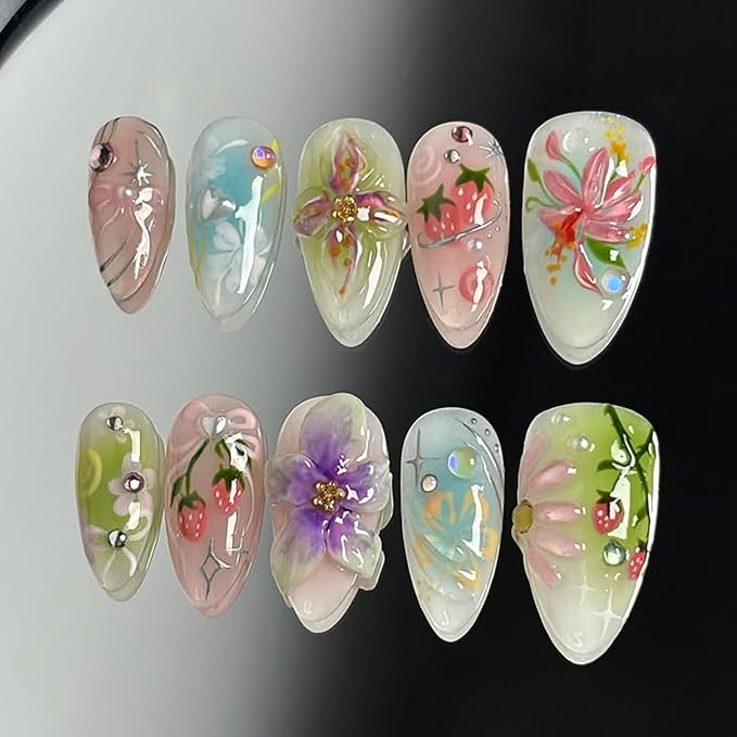 30Pcs 3D Flower Press on Nails Medium Almond Fake Nails with Pearl Rhinestones Designs Fill Cover Glue on Nails Cute Strawberry Acrylic Nails Pink Bow False Nails Star Floral Stick on Nails for Women