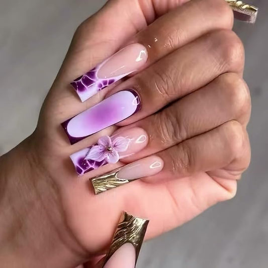 BABALAL Long Press on Acrylic Nails Square Fake Nails Purple Ombre Lavender French Tip Glue on Gold Chrome 3D Design 24Pcs Squoval Handmade Diy Full Cover Nails for Women Girls