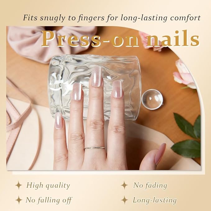 Light Nude Cat Eye Press on Nails Medium Square, Medium Square Press Glue on Nails Chrome for Women Gift, Nude Holographic Glitter Glossy Reusable Soft Gel Acrylic Fake Nail with Designs Cateye Effect