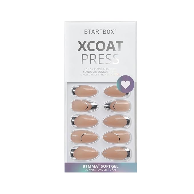 BTArtbox Press On Nails Almond - French Tip Press on nails, Medium Glue On Nails with Nail Glue, Silver Stick On Nails in 15 Sizes - 30 Fake Nails Kit, Zoomers