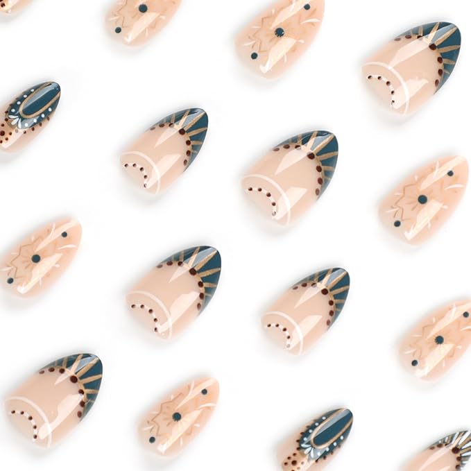 Short Almond Press-on Nails Star French Tip False Nails with Designs Glue-on Artificial Acrylic Nails for Women Manicure Art - 24 Pcs