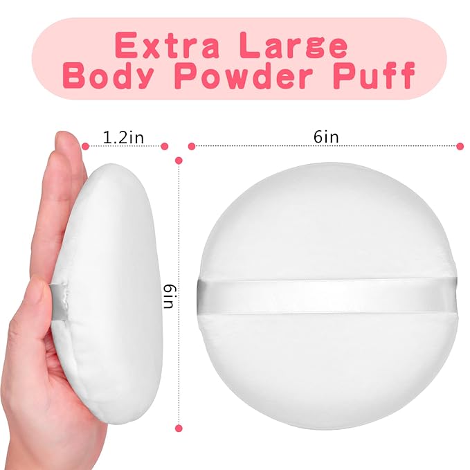 2Pcs Extra Large Body Powder Puff & Luxury 6" Glass Jar Dusting Powder Container with Puff for Women Bath Powder Puffs Perfect for Talcum or Loose Powder (White 6" Only Puff)