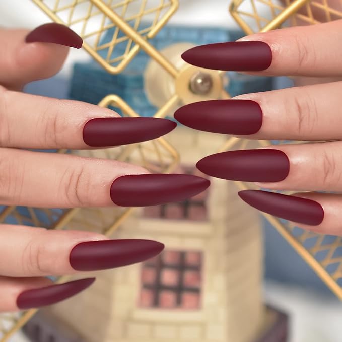 Extra Long Stiletto Burgundy False Nails Wine Red Matte Press on Nails Gifts Reusable Wearable Fake Acrylic Nail Art Tips Salon DIY Manicure for Halloween Party Adhesive Tabs Nail File