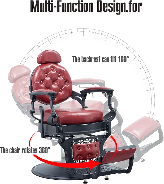FRNIMAC Heavy Duty Barber Chair, All Purpose Vintage Style Mens Barber Chair Hydraulic Recline Salon Chair Barbershop Equipment for Beauty Spa Tatoo Massage, Weight Capacity 700lbs (Red-Black)