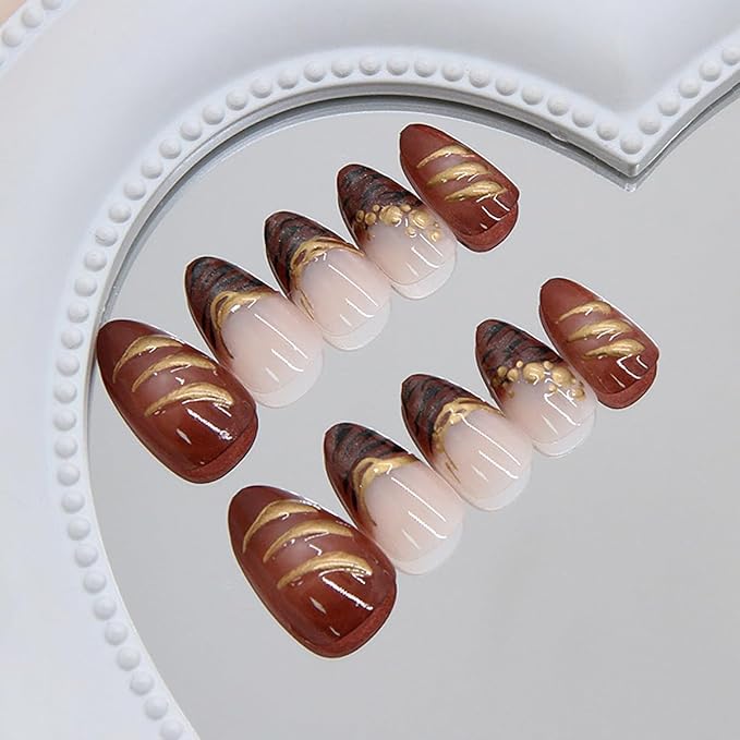 24Pcs French Tip Press on Nails Short Almond Fake Nails 3D Gold Beads Design Fall Flower Acrylic Nails Gold Chrome Line Full Cover False Nails Zebra Stripe Brown Glue on Nails Decoration for Women DIY