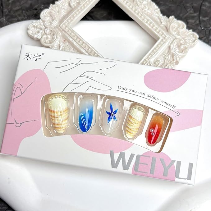 24Pcs Summer Press on Nails Medium Almond Fake Nails Hawaii Flower Seashell Pearl Designs Full Cover Glue on Nails Artificial Beach Nails French Tip False Nails for Women Girls Acrylic Manicure DIY