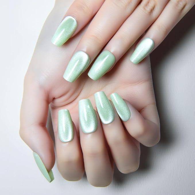 evpct Light Green Cat Eye Coffin Press on Nails Square Medium, Medium Square Glue on Nail for Women, Light Green Metallic Glitter Glossy Reusable Summer Soft Gel Press on Acrylic Fake Nail with Design