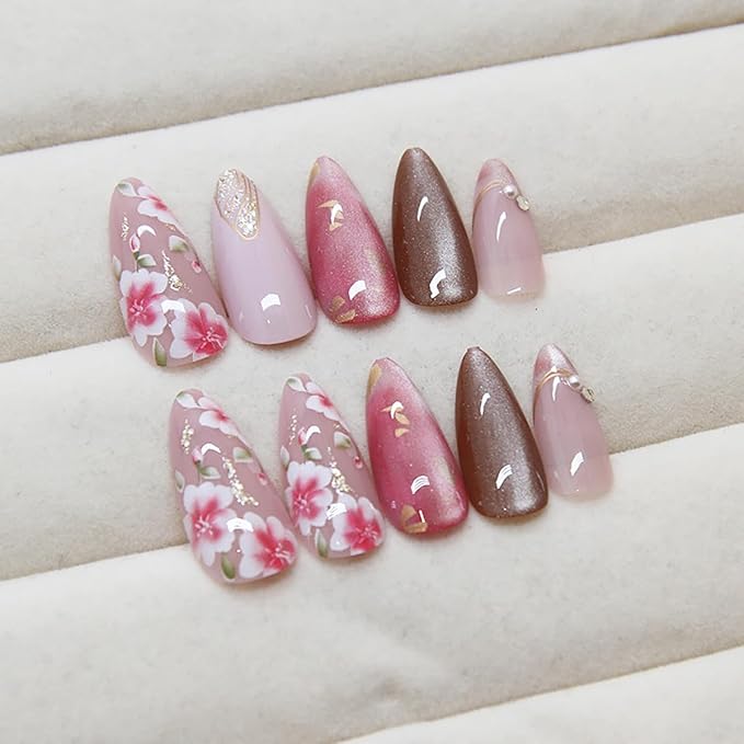 24Pcs Pink Flower Press on Nails Medium Almond Fake Nails 3D Pearl Rhinestones Peach Blossom with Gold Foils Glitter Full Cover Artificial Nail Stick on Nails Spring False Nails for Women Acrylic Nail