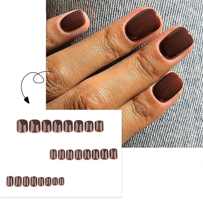 Press on Nails Short Square, Chocolate Brown Fake Nails Kit, Fashion Glossy Acrylic Press on Nail, Natural Stick on Nail, Thick Reusable Glue on Nails Short Press on Nail for Women