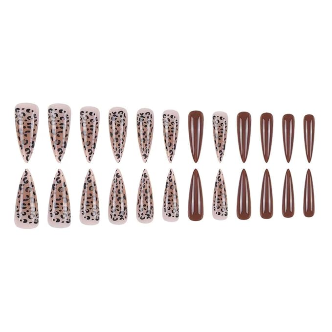 Brown Press on Nails Long Fake Nails Stiletto False Nails with Leopard Print Design Ombre Glossy Acrylic Artificial Nail Full Cover Stick on Nails for Women 24 Pcs