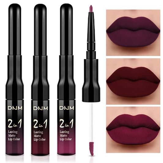 3Pcs 2 in 1 Dark Deep Red Purple Plum Black Cherry Lip Liner and Liquid Lipstick Stain Makeup Set for women, Long Lasting Smudge Proof Lip Tint Matte Finish Lip Gloss for All-Day Color Hold, Set11