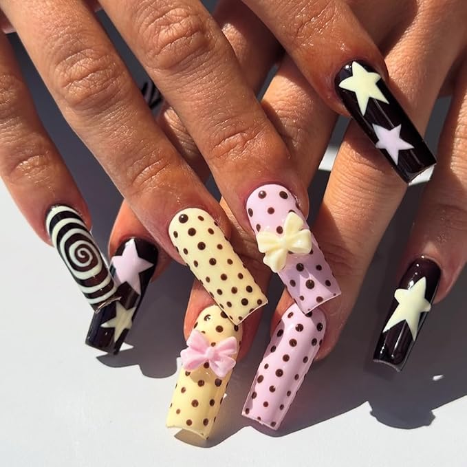 Polka Dot Press on Nails Long Square Fake Nails 3D Bow Star Twist Design Full Cover Glossy Glue on Nails for Women 24PCS