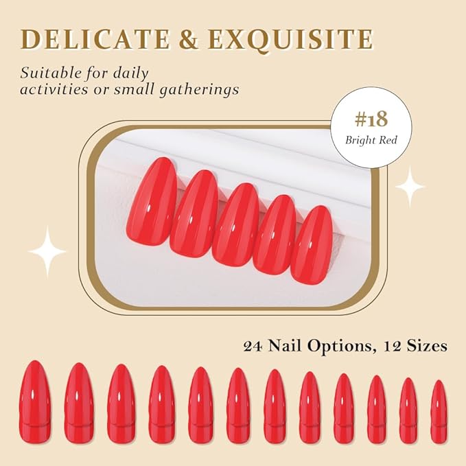 evpct Bright Red Medium Almond Glossy Press on Nails for Women Gift, Glossy Bright Red Fake Nail with Glue Manicure Kit, Soft Gel Full Cover Reusable Stick on Glue on Acrylic False Nails Perfectly Fit