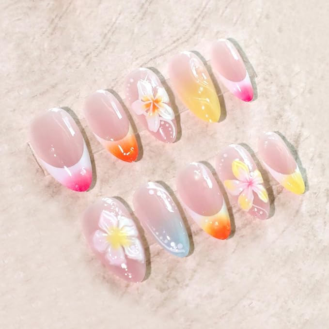 24Pcs Colorful French Tip Press on Nails Medium Almond Fake Nails with 3D Flower Designs Nude Stick on Nails Gradient French False Nail Tips Summer Acrylic Nails Cute Floral Glue on Nails for Women