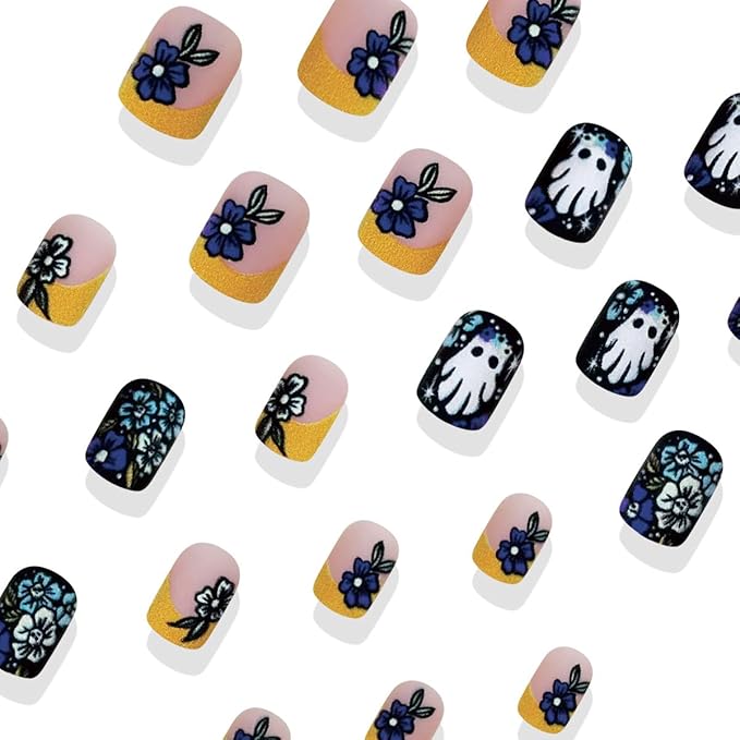 24Pcs Halloween Orange French Tip Press on Nails Short Square False Nail with Colorful Skull Flower Designs Halloween Fake Nails Cute Ghost Stick on Nail for Women DIY Manicure Decorations