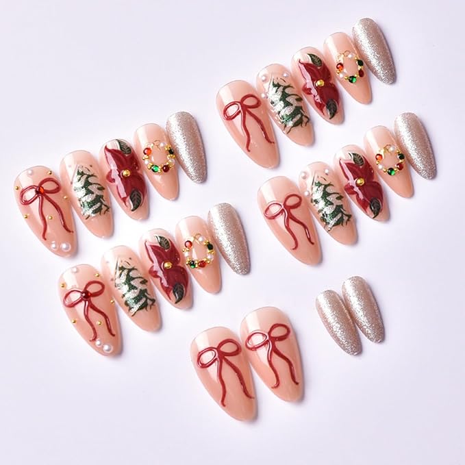 24Pcs Christmas Press on Nails Medium Almond Fake Nails 3D Red Bow with Silver Glitter Pearl Rhinestones Design Christmas Tree Wreath Flowers False Nails Christmas Glue on Nail for Women Manicure DIY