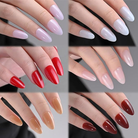 evpct Press on Nails Almond Short - White Light Violet Nude Pink Dark Ruby Red Brown Glitter Shimmer Press on Nails, Soft Gel Press Glue On Nail with Nail Glue, 180Pcs Reusable Acrylic Fake Nails Kit