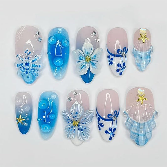 30Pcs Blue Flower Press on Nails Medium Almond French Tip Fake Nails 3D Floral with Gold Starfish Rhinestones Summer Press Ons Designs Stick on Nails Beach False Nails for Women Acrylic Manicure DIY