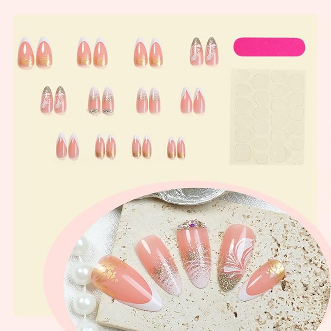 24Pcs Almond Press on Nails Medium French Tip Fake Nails White Nail Tips with Rhinestones Design Gold Glitter False Nails Nude Stick on Nails Flower Nail Supplies for Women Girls DIY Manicure