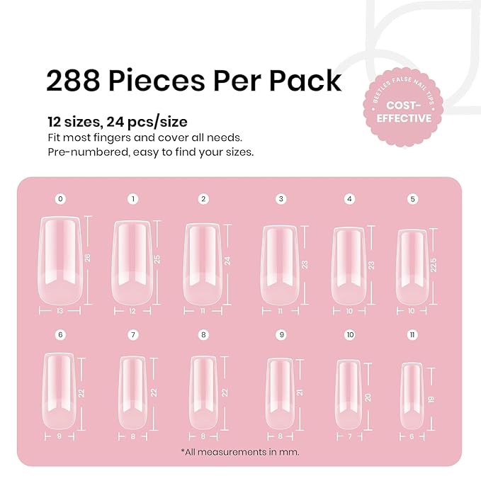 Beetles Gel Nail Tips Etch-X, Square Medium, 288Pcs 12 Sizes, Pre-Etched Half Matte Soft Acrylic False Nail Tips Full Cover Easy DIY Fake Press On Fall Nail Extension Salon Gift for Women