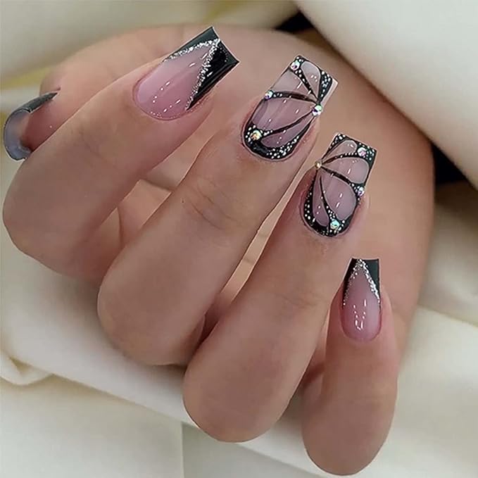 Butterfly Press on Nails Medium Square Fake Nails Glitter with Rhinestone Design French Tip False Nails Acrylic Artificial Glue on Nails Full Cover Stick on Nails for Women Manicure Art 24Pcs