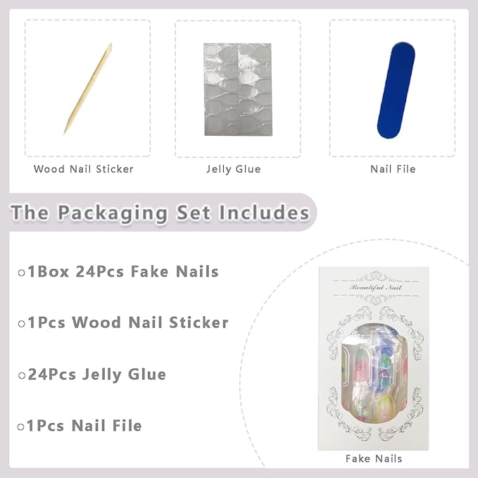 30Pcs Summer Press on Nails Medium Almond Handmade Fake Nails with Starfish Flower Butterfly Heart Design Beach Vacation False Nails Full Cover Glossy Glue on Nails Cute Stick on Nails for Women Girls