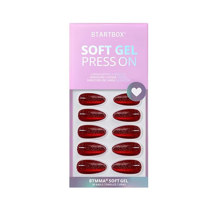 BTArtbox Press On Nails Almond - Deep Red Sparkly Press On Nails with Glue for Women, Glossy Soft Gel Glue On Nails in 15 Sizes - 30 Stick On Nails Kit for Christmas, Mystic Ruby