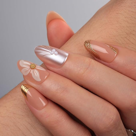Short Press On Nails Almond – 3D Floral & Pearl Accent Nude Pink Fake Nails, 30Pcs Reusable Acrylic Stick On Nails with Gold Details, Glossy Soft Gel Look, DIY Manicure Kit for Women