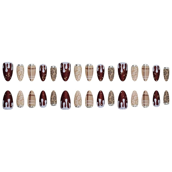 30Pcs Christmas Gingerbread Press on Nails Short Almond Fake Nails Matte Brown Xmas Cartoon Acrylic Nails with 3D Rhinestones Glitter Artificial False Nail Full Cover Glue on Nails for Women