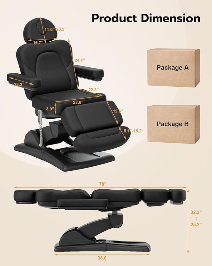 Paddie 360° Swivel Fully Electric Tattoo Chair 4 Motor with 20° Backward Tilt, Motorized Height & Angle Adjustable Massage Table Professional 660lbs, Headrest & Footrest Length Adjustable