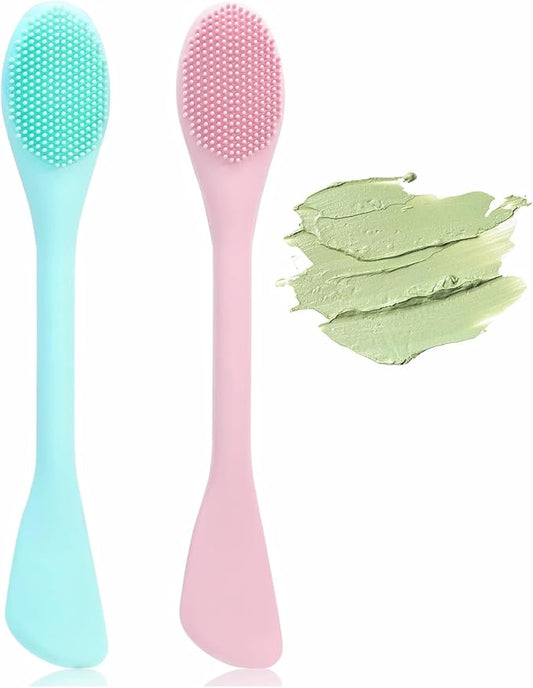 Pore Scrubber, Double-End Silicone Face Mask Brush Silicone Face Scrubber, 2Pcs Soft Mask Applicator Tool for Facial Mud,Facial Cleansing Brushes for Makeup Skincare Removal,Pink and Green