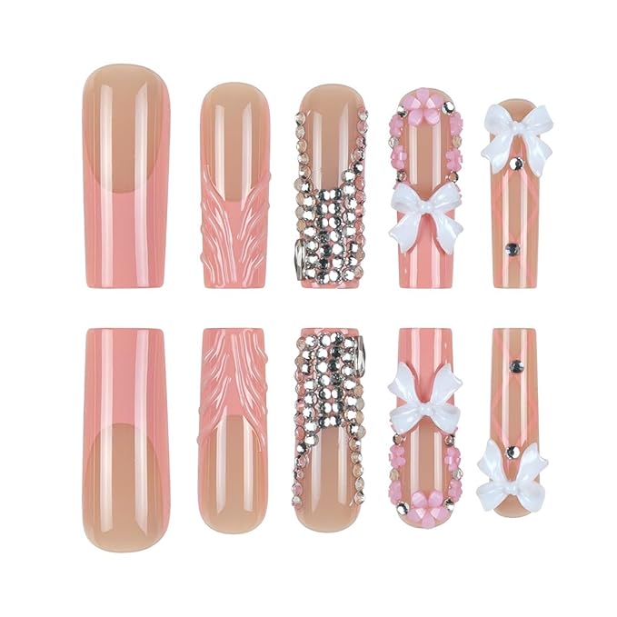 Square Press on Nails Long Fake Nails French Tip False Nails Pink Artificial Nails with Bow Designs Stick on Nails for Women 24pcs