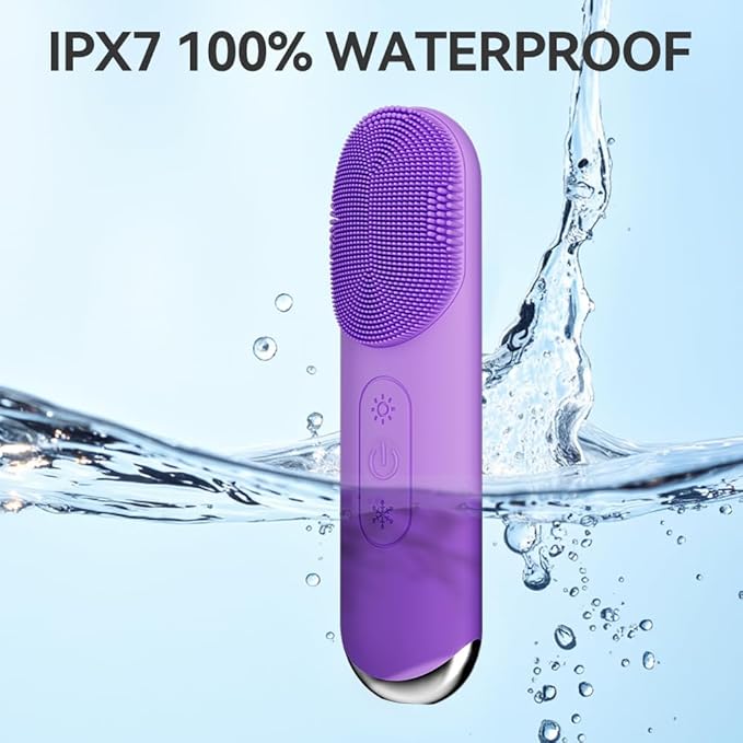 Facial Cleansing Brush, Silicone Face Scrubber, Electric Face Brushes for Cleansing with Vibration, Hot and Cold Modes, Face Scrub Brush for Women & Men Exfoliating and Massaging, Purple