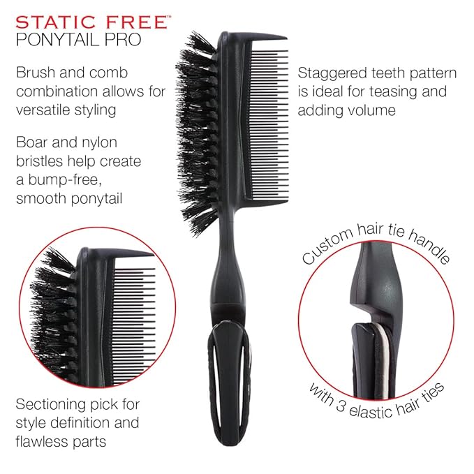 Cricket Static Free Ponytail Double-Sided Bristle Hair Brush - Smoothing, Teasing, and Volume – Anti-Static Brush for Frizz-Free Ponytails and Updos, Includes 3 Elastic Hair Ties